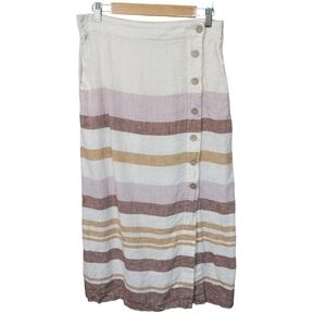 Rachel Zoe 100% Linen Button Front Striped Midi Skirt White Size Large